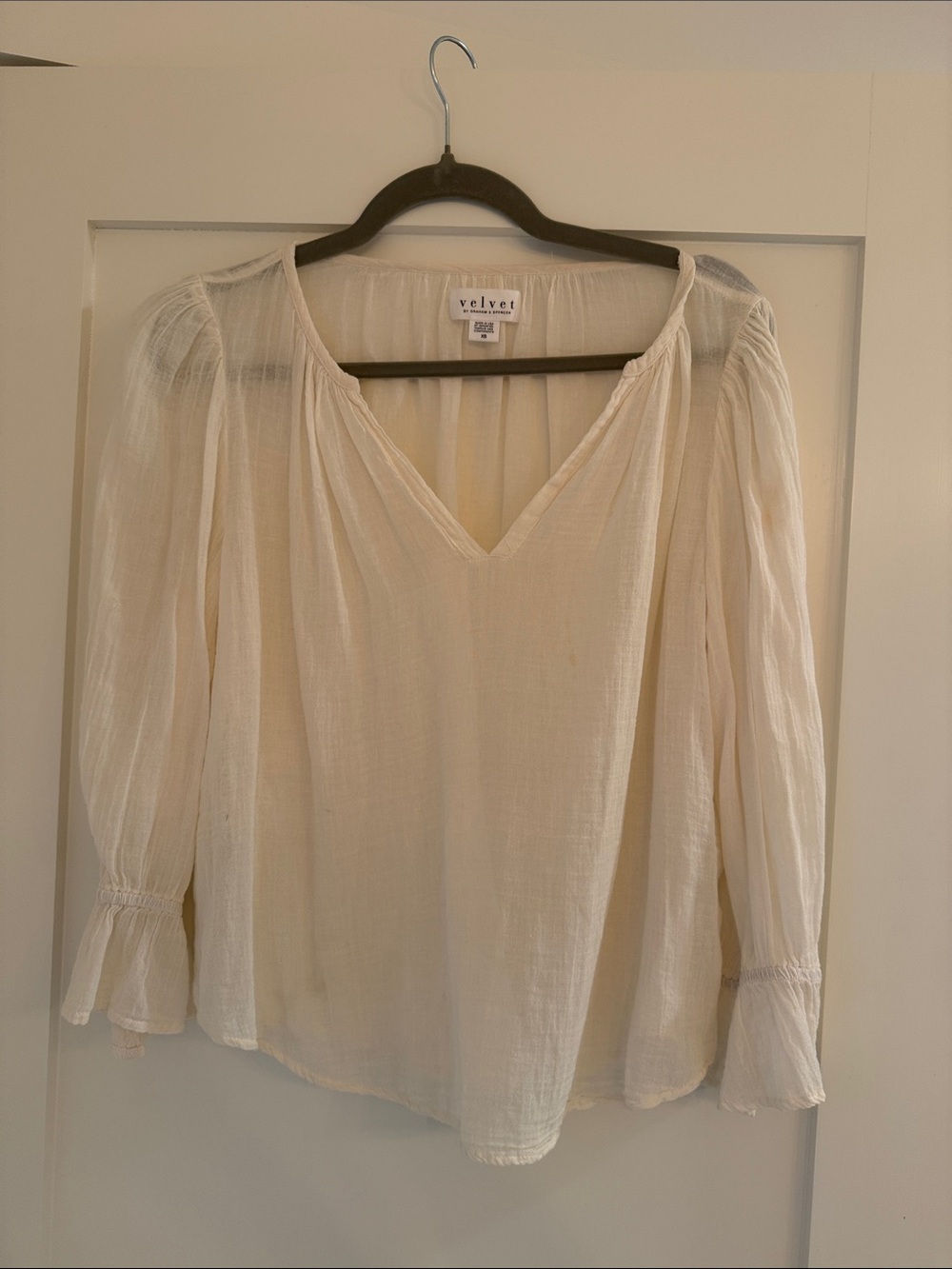 Velvet Lightweight Cream V-Neck Peasant Blouse